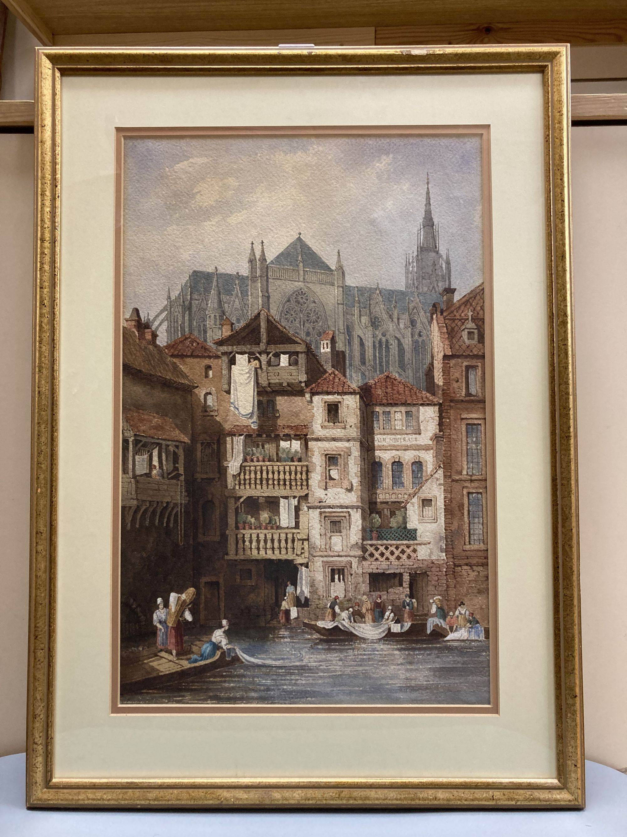 Manner of Samuel Prout, watercolour, Riverside scene with cathedral beyond, 48 x 31cm